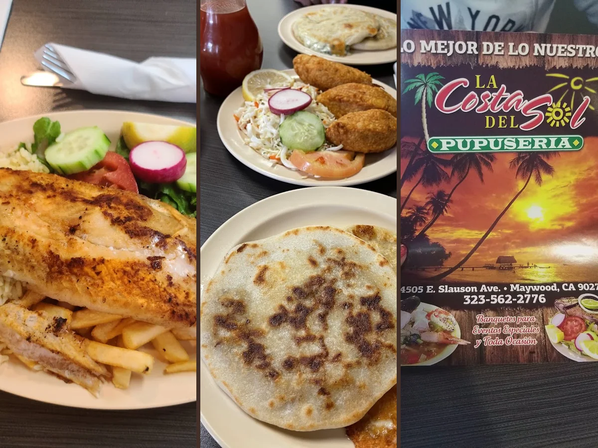 Pupusas and soup served in simple dishes.